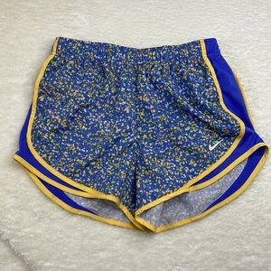 Nike Dri-Fit Splatter Pattern Lined Running Shorts Blue, Yellow and White Small